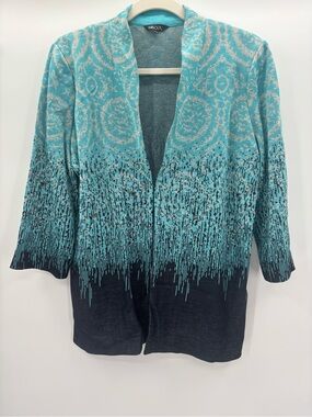 Misook Aqua & Black Ombré Mixed Print Open-Front Cardigan Jacket Size LP